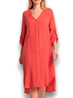 120% LINO Shirt Dress Italian Coral Linen Midi